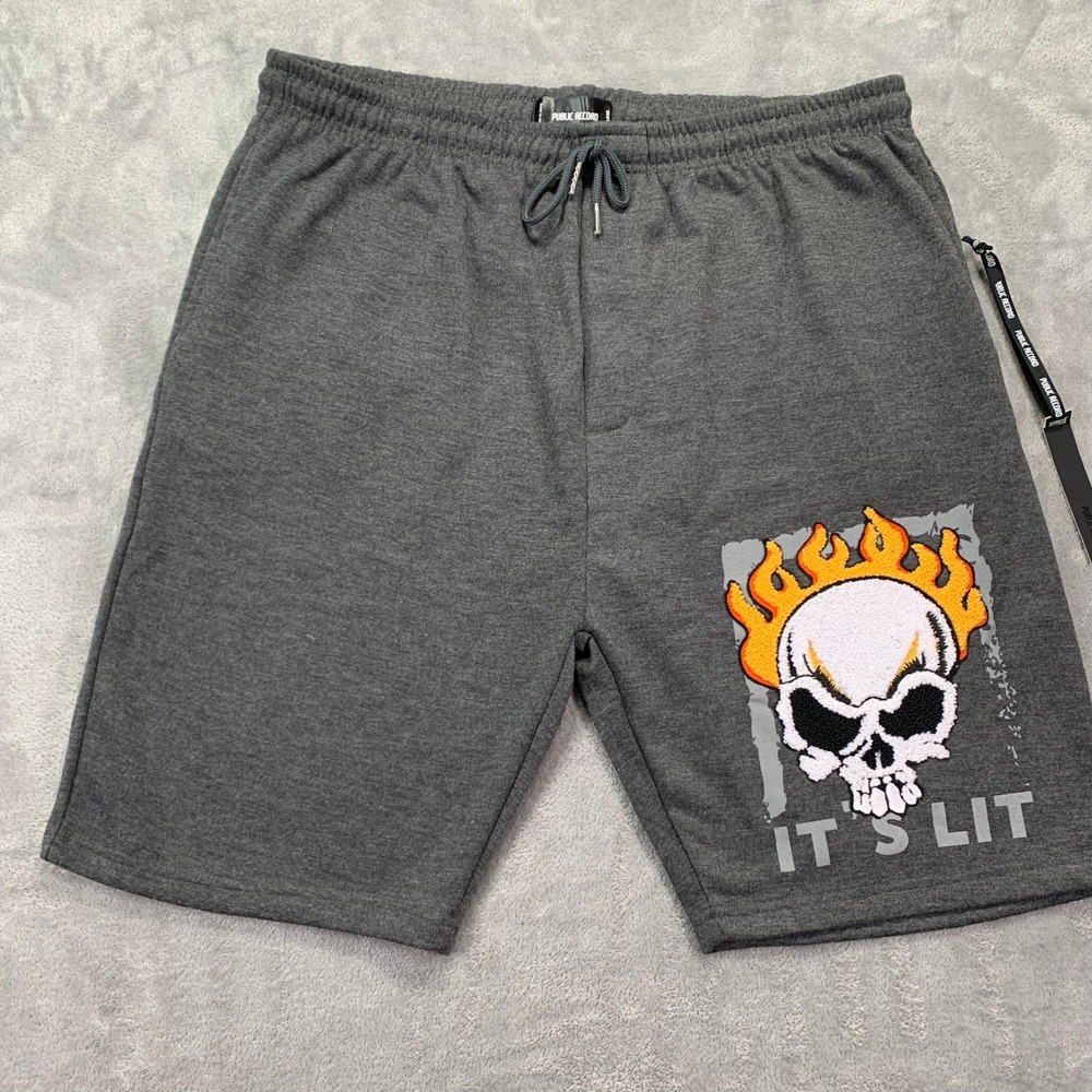Flame Skull Print Mens Sweat Shorts Charcoal Chenille Size XL